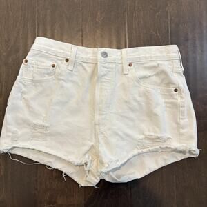 Levis 501 Original Shorts 32 White Denim‎ Distressed Button Fly Frayed Hem Big E